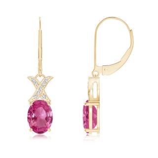 8x6mm AAAA Pink Sapphire and Diamond XO Leverback Drop Earrings in 9K Yellow Gold