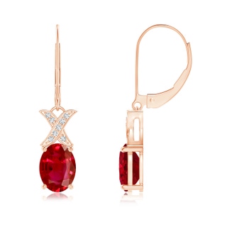 8x6mm AAA Ruby and Diamond XO Leverback Drop Earrings in Rose Gold