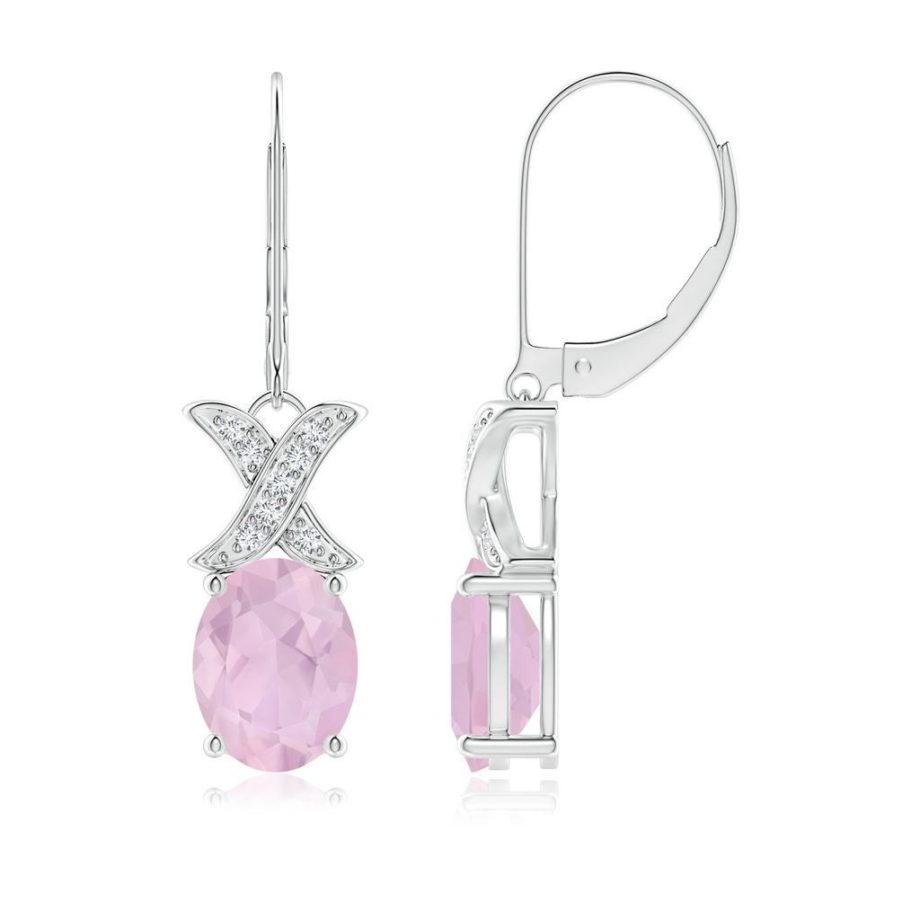 9x7mm AAA Rose Quartz and Diamond XO Leverback Drop Earrings in White Gold