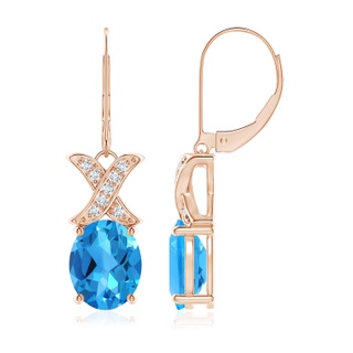 10x8mm AAAA Swiss Blue Topaz and Diamond XO Dangle Earrings in Rose Gold