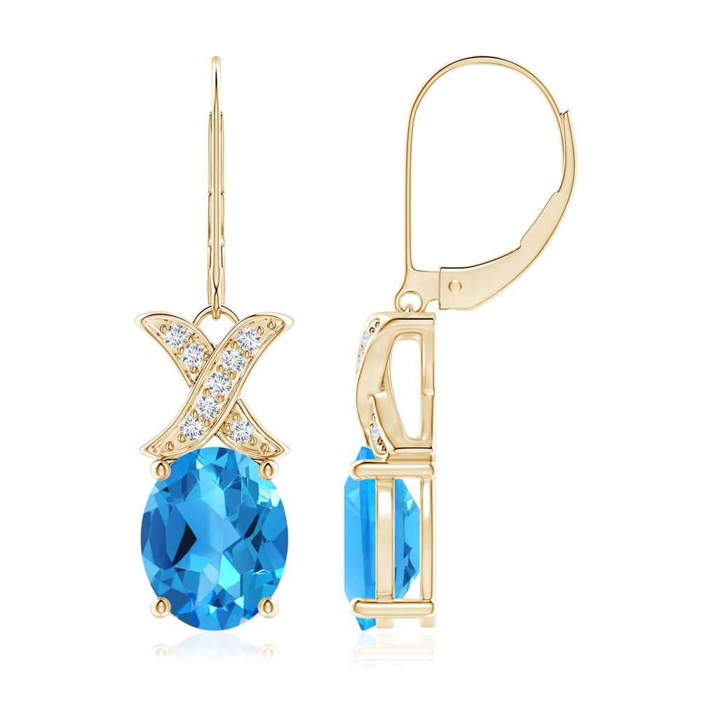 10x8mm AAAA Swiss Blue Topaz and Diamond XO Dangle Earrings in Yellow Gold