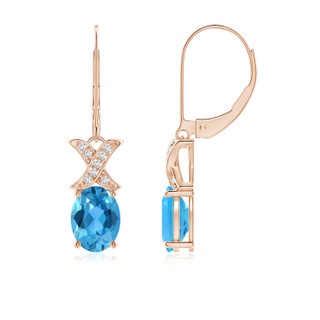 8x6mm AAA Swiss Blue Topaz and Diamond XO Dangle Earrings in 9K Rose Gold
