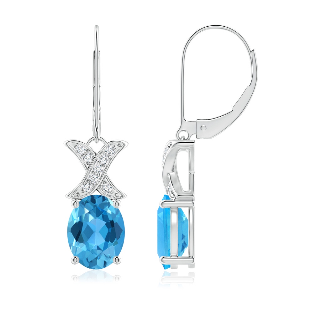 9x7mm AAA Swiss Blue Topaz and Diamond XO Dangle Earrings in White Gold