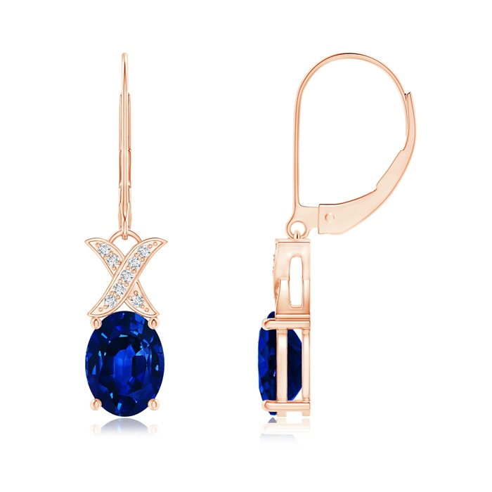 8x6mm AAAA Sapphire and Diamond XO Leverback Drop Earrings in Rose Gold
