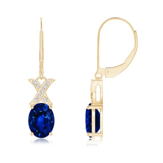 8x6mm AAAA Sapphire and Diamond XO Leverback Drop Earrings in Yellow Gold