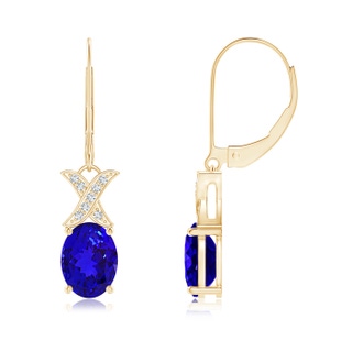 8x6mm AAAA Tanzanite and Diamond XO Leverback Drop Earrings in Yellow Gold