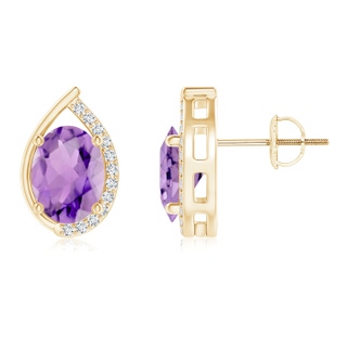 8x6mm A Teardrop Framed Oval Amethyst Solitaire Stud Earrings in Yellow Gold