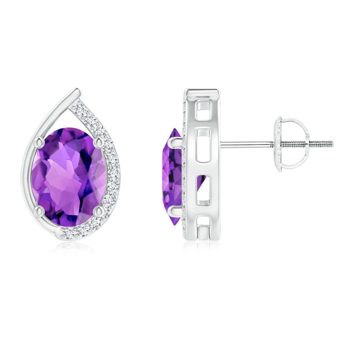 8x6mm AAA Teardrop Framed Oval Amethyst Solitaire Stud Earrings in White Gold 