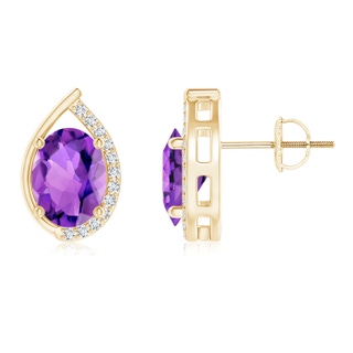 8x6mm AAA Teardrop Framed Oval Amethyst Solitaire Stud Earrings in Yellow Gold