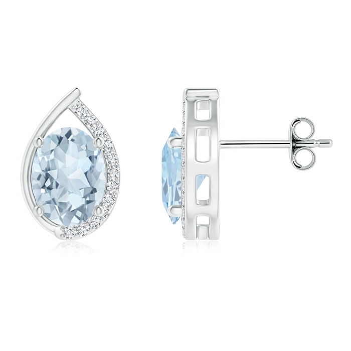 8x6mm A Teardrop Framed Oval Aquamarine Solitaire Stud Earrings in S999 Silver 