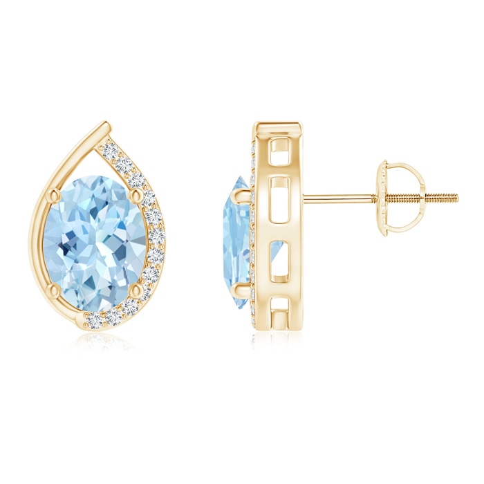 8x6mm AAA Teardrop Framed Oval Aquamarine Solitaire Stud Earrings in Yellow Gold 
