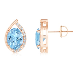 8x6mm AAAA Teardrop Framed Oval Aquamarine Solitaire Stud Earrings in 10K Rose Gold