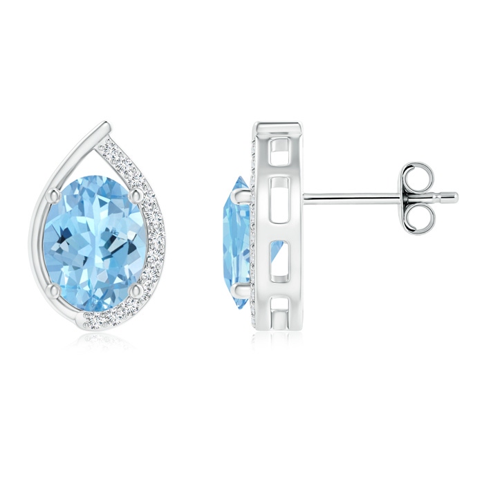 8x6mm AAAA Teardrop Framed Oval Aquamarine Solitaire Stud Earrings in S999 Silver 