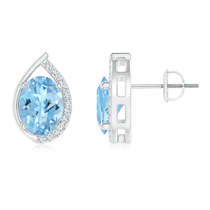 8x6mm AAAA Teardrop Framed Oval Aquamarine Solitaire Stud Earrings in White Gold 