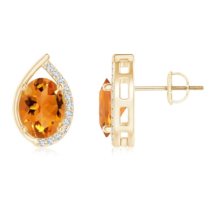 8x6mm AAA Teardrop Framed Oval Citrine Solitaire Stud Earrings in Yellow Gold