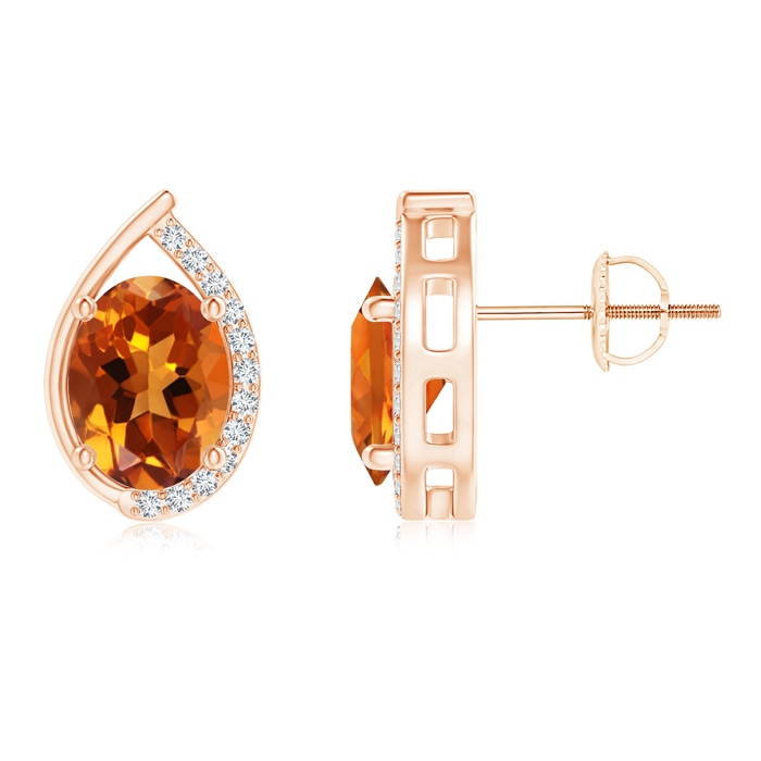 8x6mm AAAA Teardrop Framed Oval Citrine Solitaire Stud Earrings in Rose Gold 