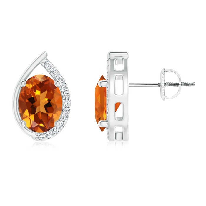 8x6mm AAAA Teardrop Framed Oval Citrine Solitaire Stud Earrings in White Gold