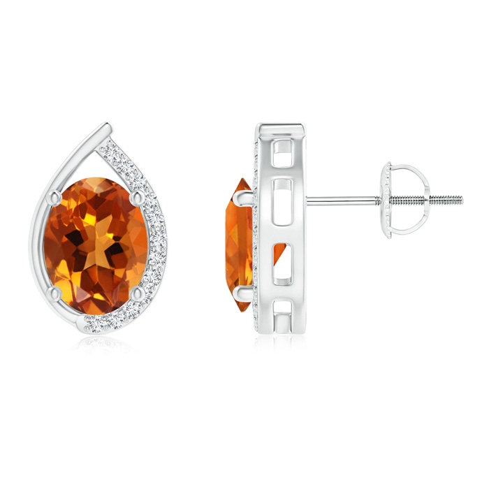 8x6mm AAAA Teardrop Framed Oval Citrine Solitaire Stud Earrings in White Gold 
