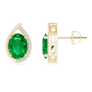 8x6mm AAA Teardrop Framed Oval Emerald Solitaire Stud Earrings in Yellow Gold
