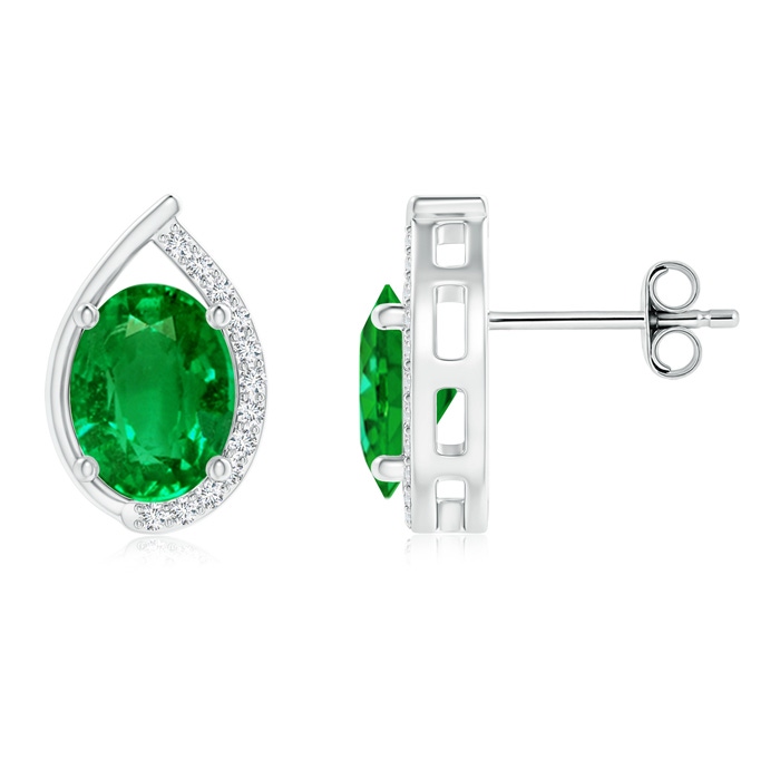 8x6mm AAAA Teardrop Framed Oval Emerald Solitaire Stud Earrings in S999 Silver