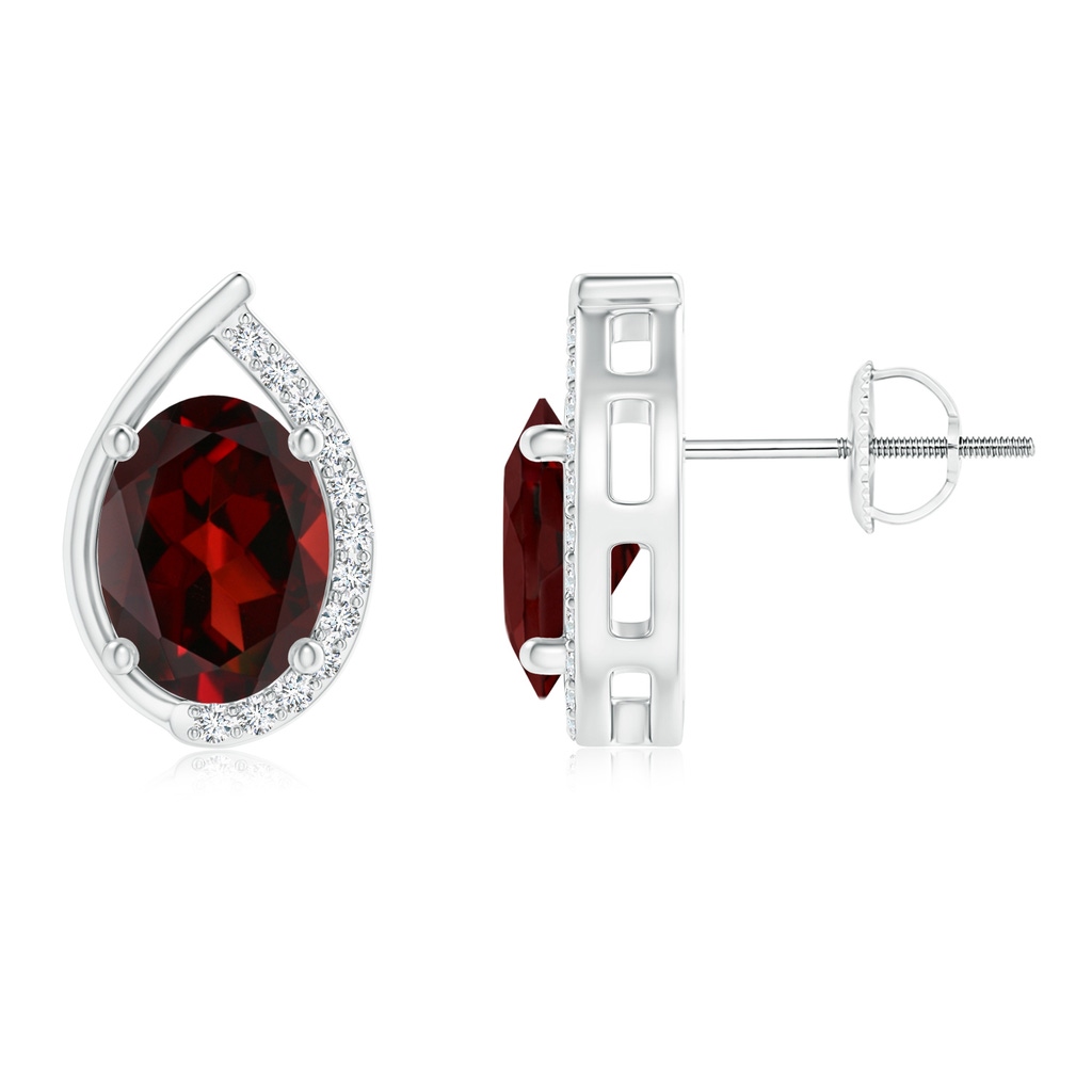 8x6mm AAA Teardrop Framed Oval Garnet Solitaire Stud Earrings in White Gold