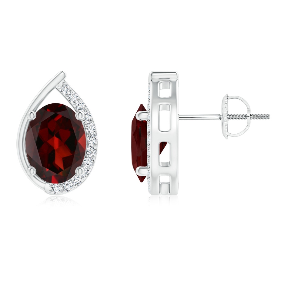 8x6mm AAA Teardrop Framed Oval Garnet Solitaire Stud Earrings in White Gold 