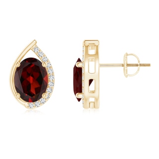 8x6mm AAA Teardrop Framed Oval Garnet Solitaire Stud Earrings in Yellow Gold