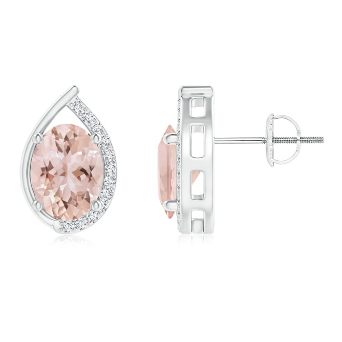 8x6mm AAA Teardrop Framed Oval Morganite Solitaire Stud Earrings in White Gold 