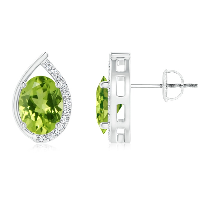 8x6mm AAA Teardrop Framed Oval Peridot Solitaire Stud Earrings in White Gold