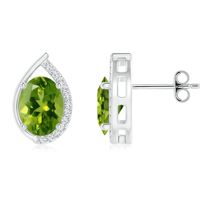 8x6mm AAAA Teardrop Framed Oval Peridot Solitaire Stud Earrings in S999 Silver