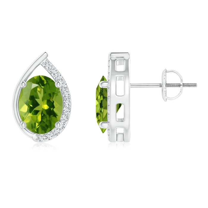 8x6mm AAAA Teardrop Framed Oval Peridot Solitaire Stud Earrings in White Gold 