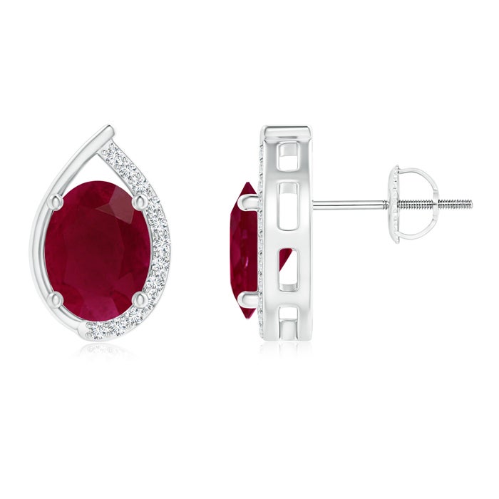 Teardrop Framed Oval Ruby Solitaire Stud Earrings
