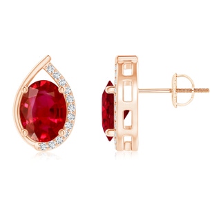 8x6mm AAA Teardrop Framed Oval Ruby Solitaire Stud Earrings in Rose Gold