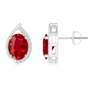 8x6mm AAA Teardrop Framed Oval Ruby Solitaire Stud Earrings in White Gold