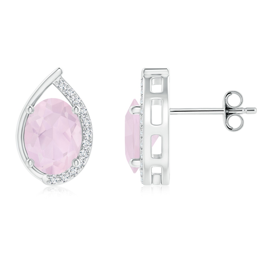 8x6mm A Teardrop Framed Oval Rose Quartz Solitaire Stud Earrings in S999 Silver 