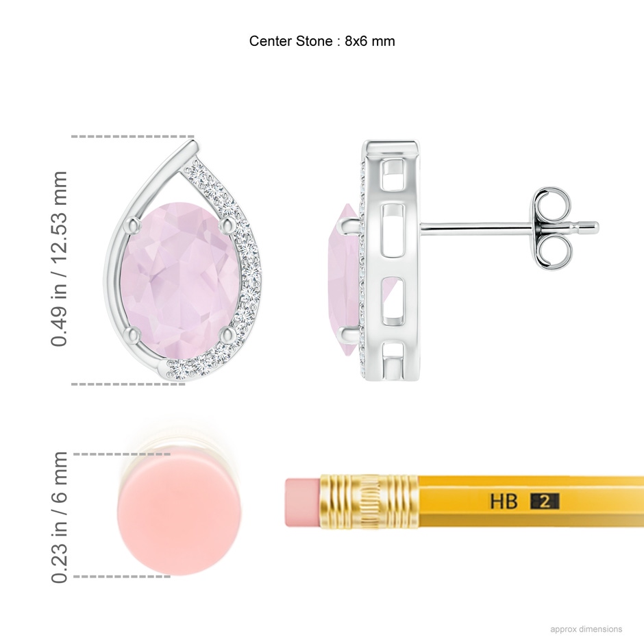 8x6mm A Teardrop Framed Oval Rose Quartz Solitaire Stud Earrings in S999 Silver ruler