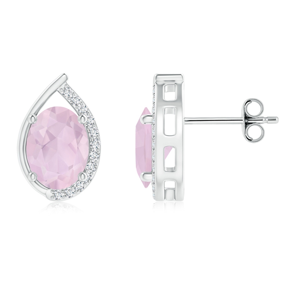 8x6mm AA Teardrop Framed Oval Rose Quartz Solitaire Stud Earrings in S999 Silver 
