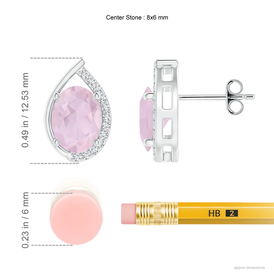 8x6mm AA Teardrop Framed Oval Rose Quartz Solitaire Stud Earrings in S999 Silver ruler