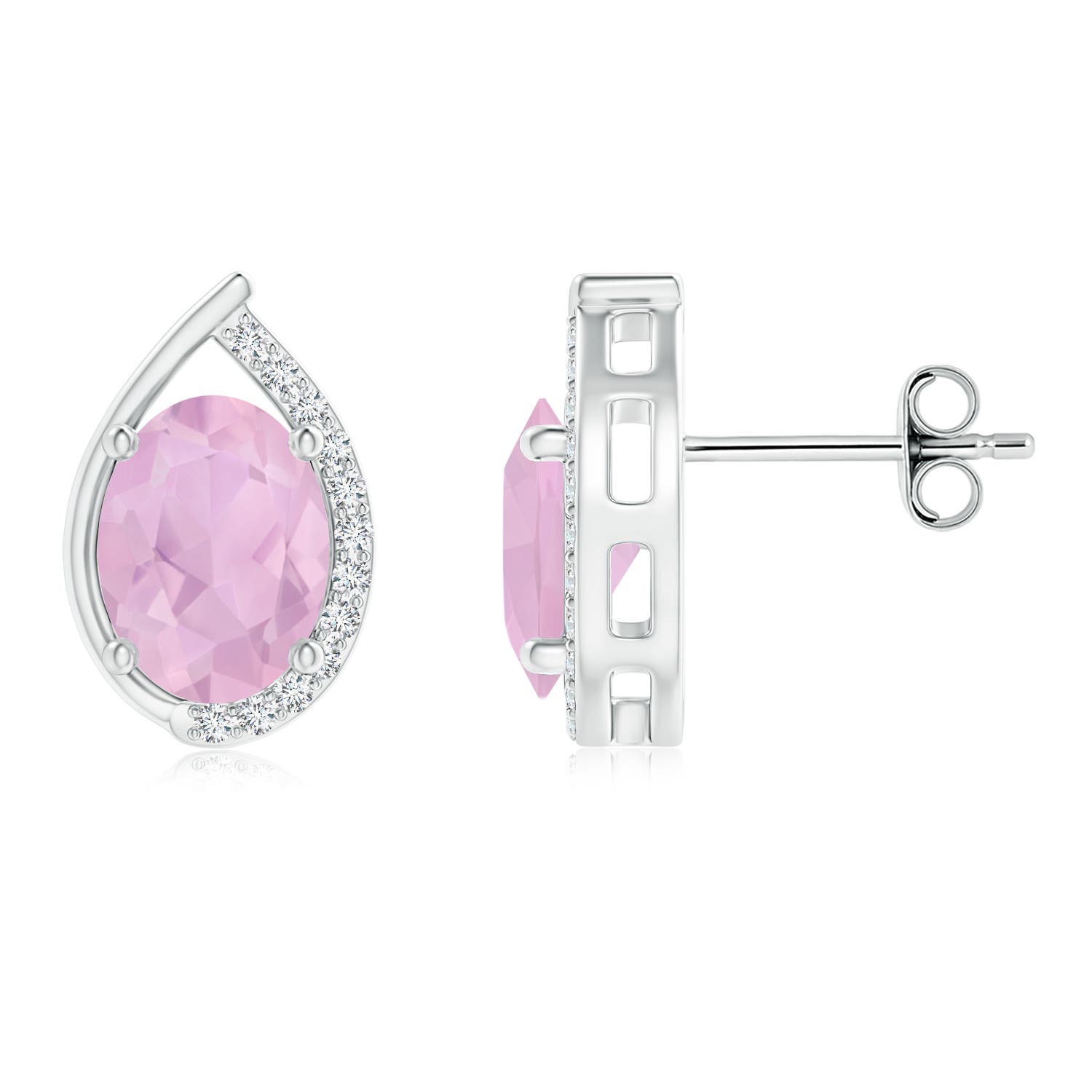 8x6mm AAAA Teardrop Framed Oval Rose Quartz Solitaire Stud Earrings in S999 Silver
