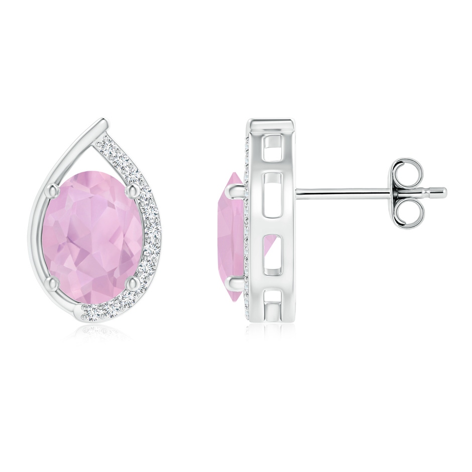 8x6mm AAAA Teardrop Framed Oval Rose Quartz Solitaire Stud Earrings in S999 Silver 