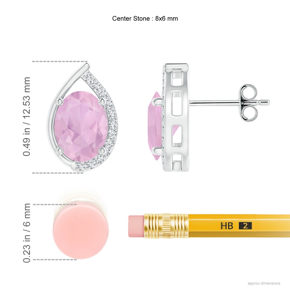 8x6mm AAAA Teardrop Framed Oval Rose Quartz Solitaire Stud Earrings in S999 Silver ruler