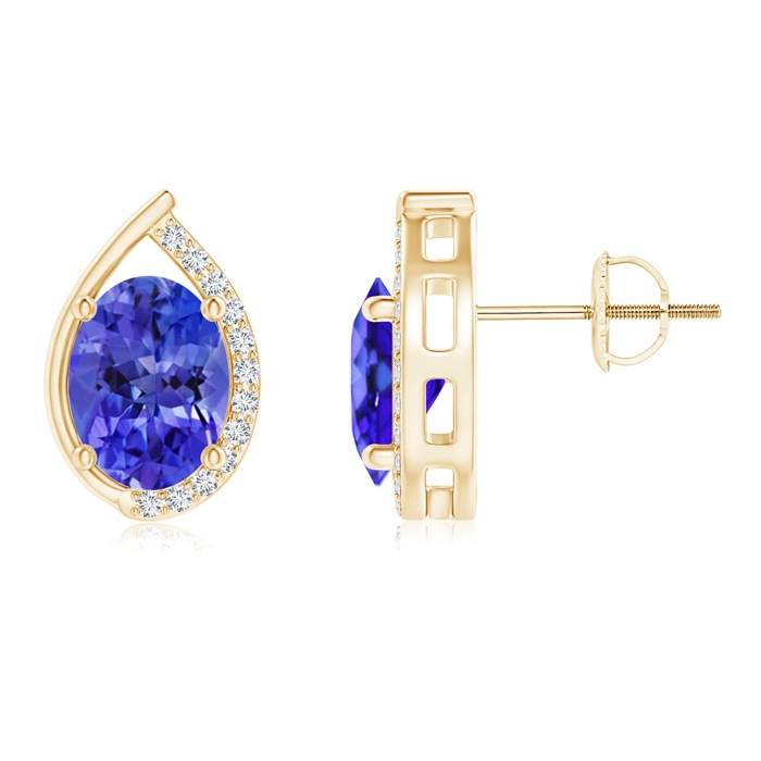 8x6mm AAA Teardrop Framed Oval Tanzanite Solitaire Stud Earrings in Yellow Gold 