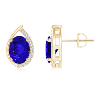 8x6mm AAAA Teardrop Framed Oval Tanzanite Solitaire Stud Earrings in Yellow Gold