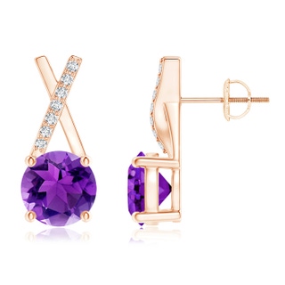 6mm AAA Amethyst and Diamond XO Stud Earrings in Rose Gold