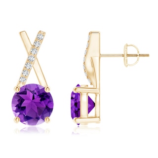 6mm AAA Amethyst and Diamond XO Stud Earrings in Yellow Gold