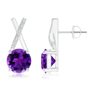 6mm AAAA Amethyst and Diamond XO Stud Earrings in White Gold