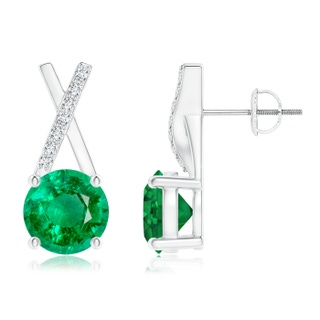 6mm AAA Emerald and Diamond XO Stud Earrings in White Gold