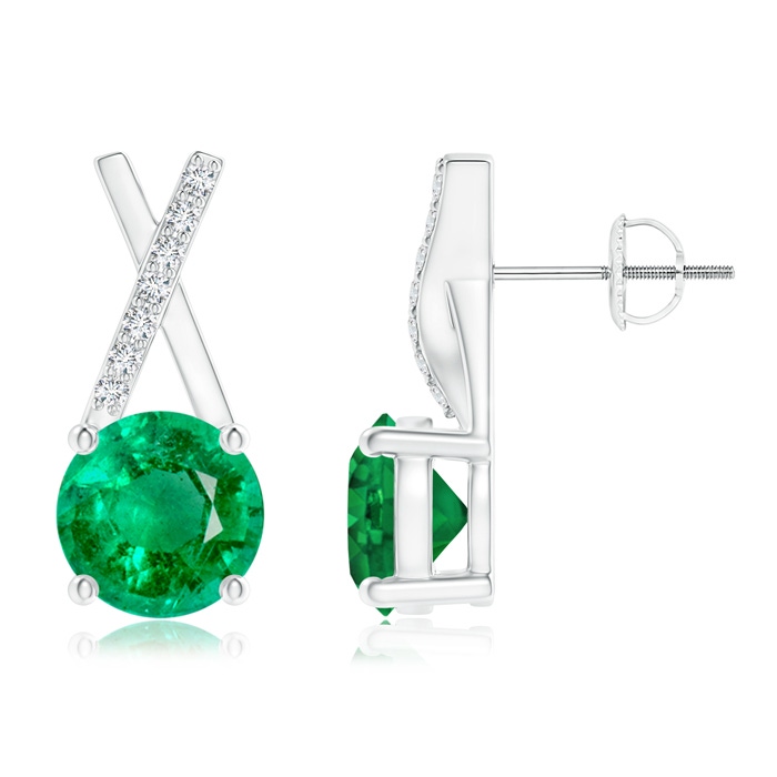 6mm AAA Emerald and Diamond XO Stud Earrings in White Gold 