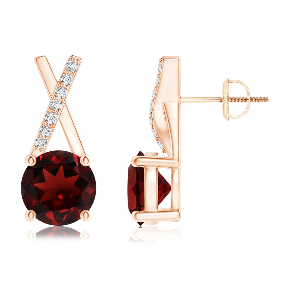 6mm AAA Garnet and Diamond XO Stud Earrings in Rose Gold 