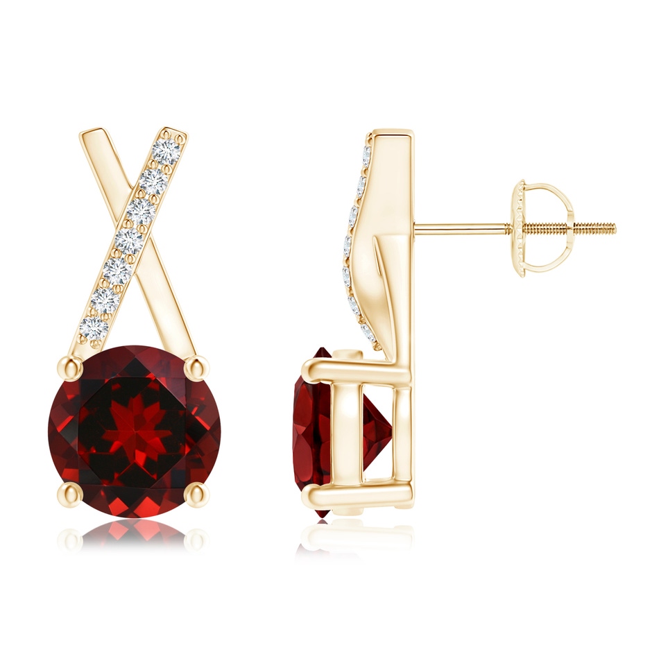 6mm AAAA Garnet and Diamond XO Stud Earrings in Yellow Gold 